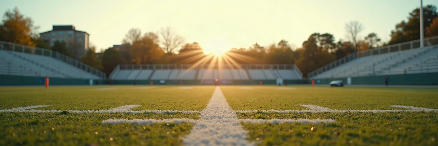 An empty, unbranded football field at golden hour